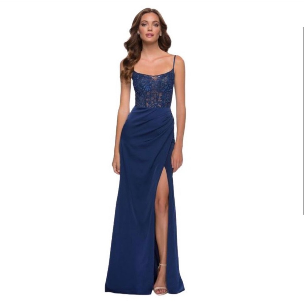 La Femme Navy Satin Prom Gown Dress Sheer Illusion bead bodice Thigh-High Slit S